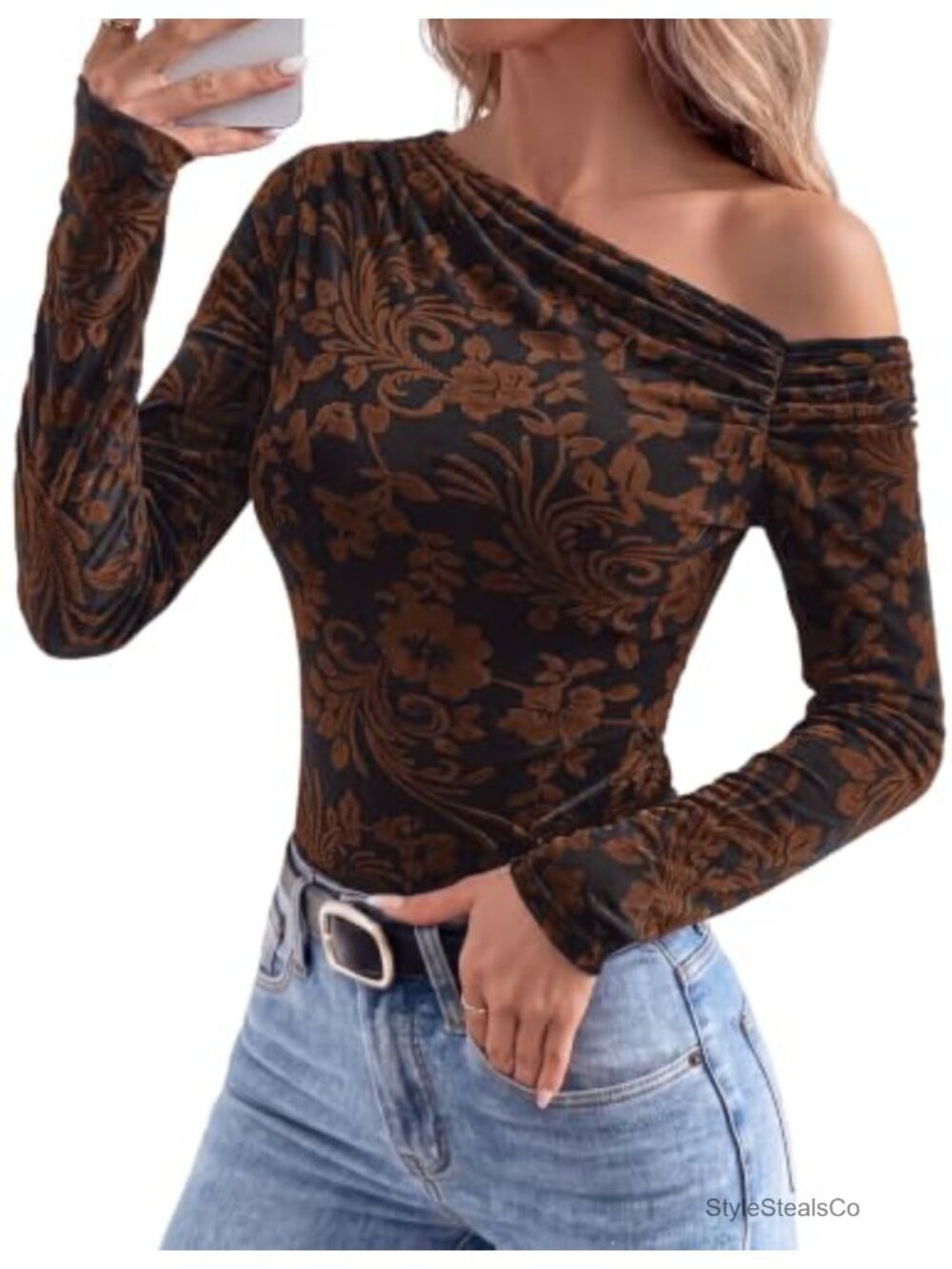 Off Shoulder Floral Mesh Blouse Long Sleeve Slim Fit Women's Top
